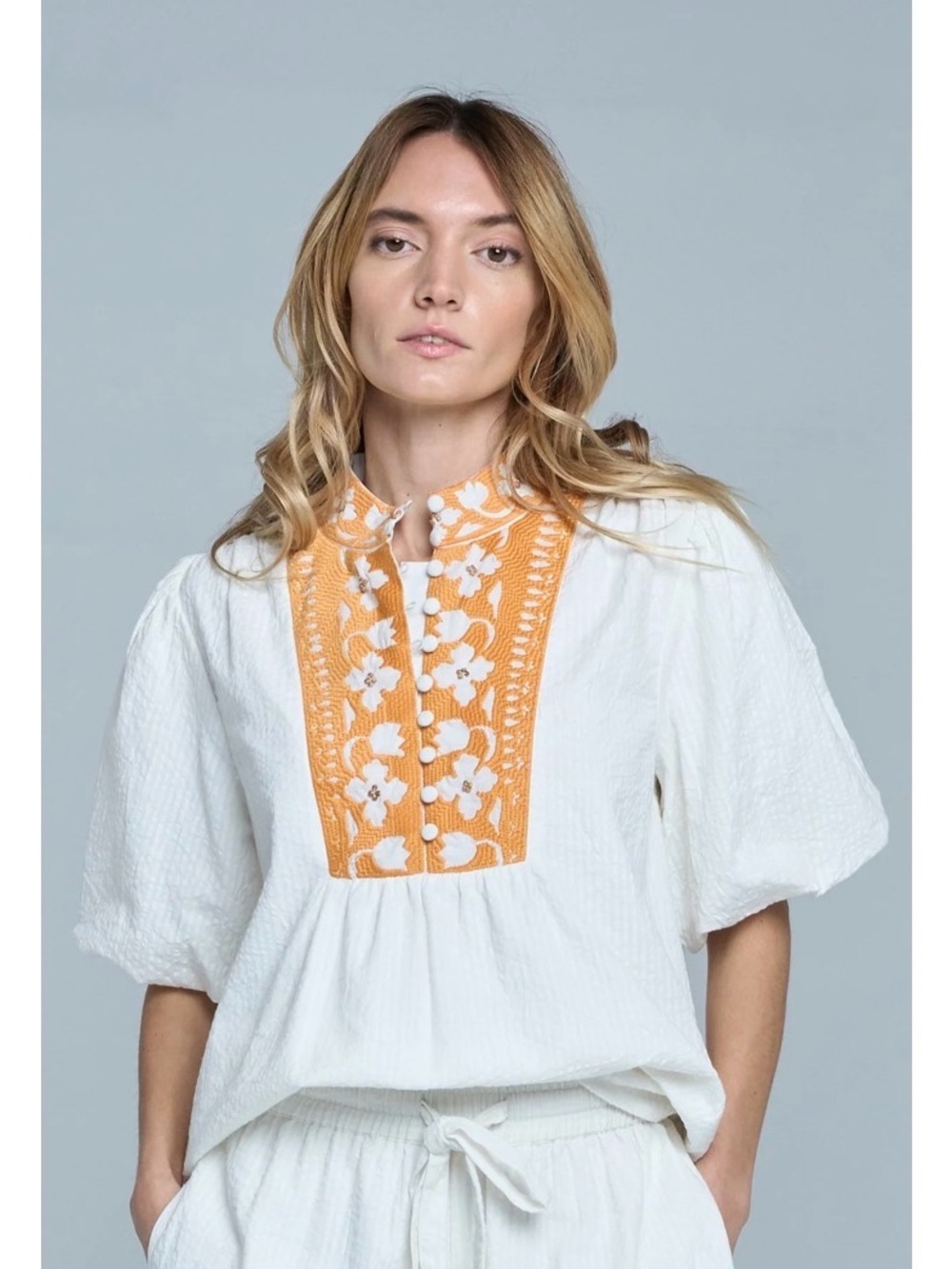 Ciebon-Embroidered White Peasant Top with Orange Yoke
